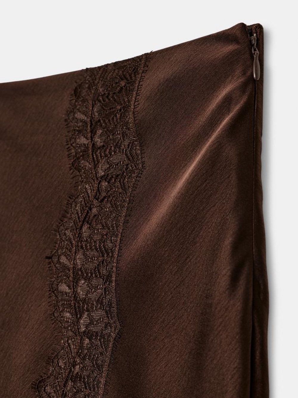 NWOT. Zara ZW Collection Brown High-waist Satin Midi Skirt with Lace. Size S. - Picture 10 of 14